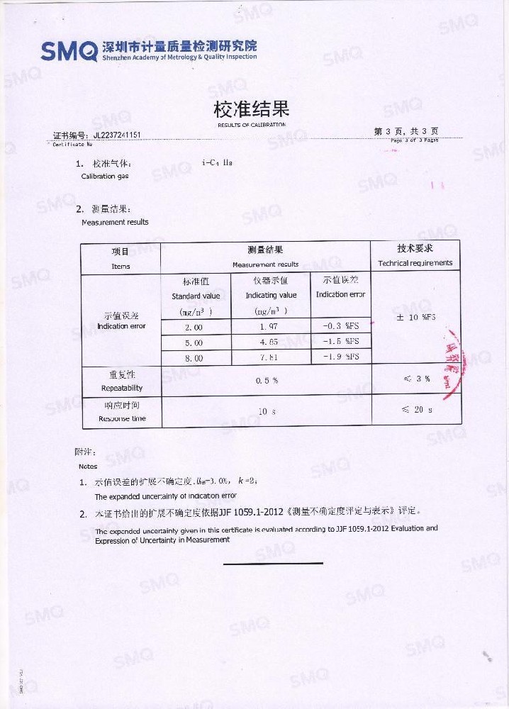 TVOC传感器校准证书